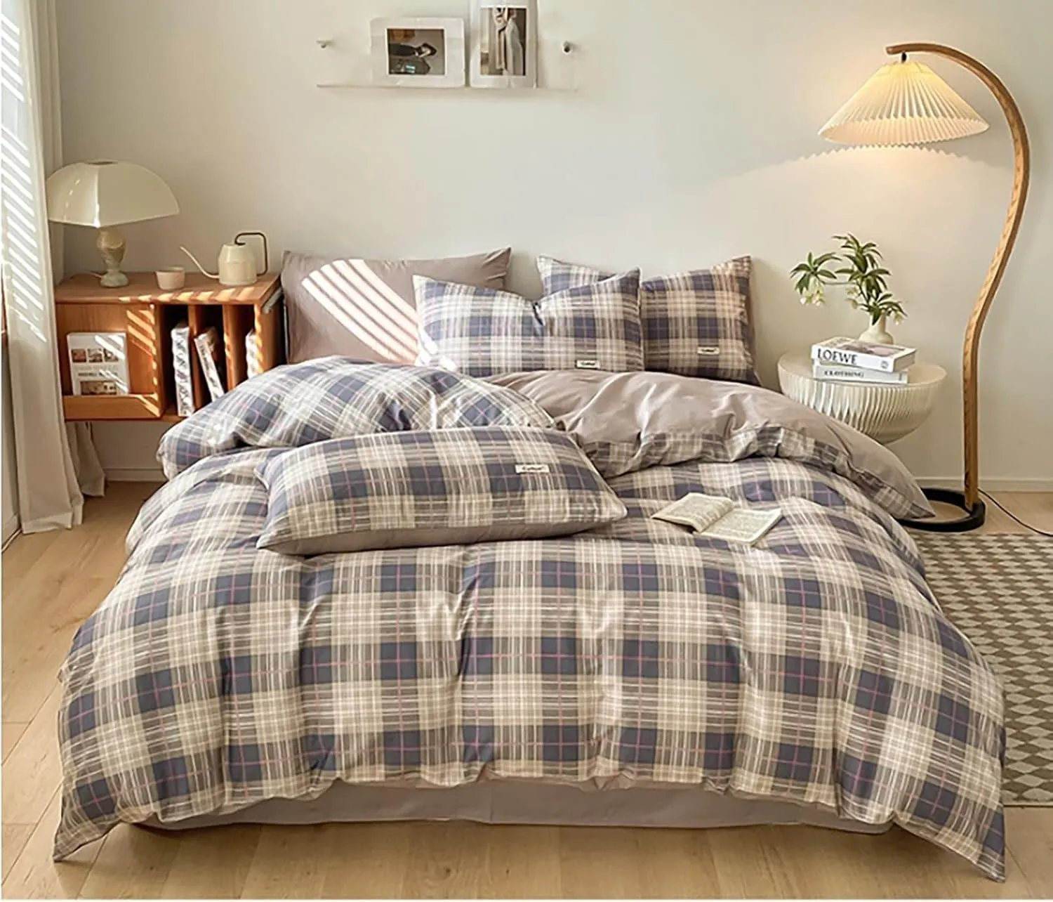 100% Cotton Bedding Duvet Cover Set Full Size,Solid Color Scandinavian Style Quilt Cover,Soft Relaxed Comforter Cover with Geometric Pattern and Zipper Closure(Grid B,Twin(3pcs))