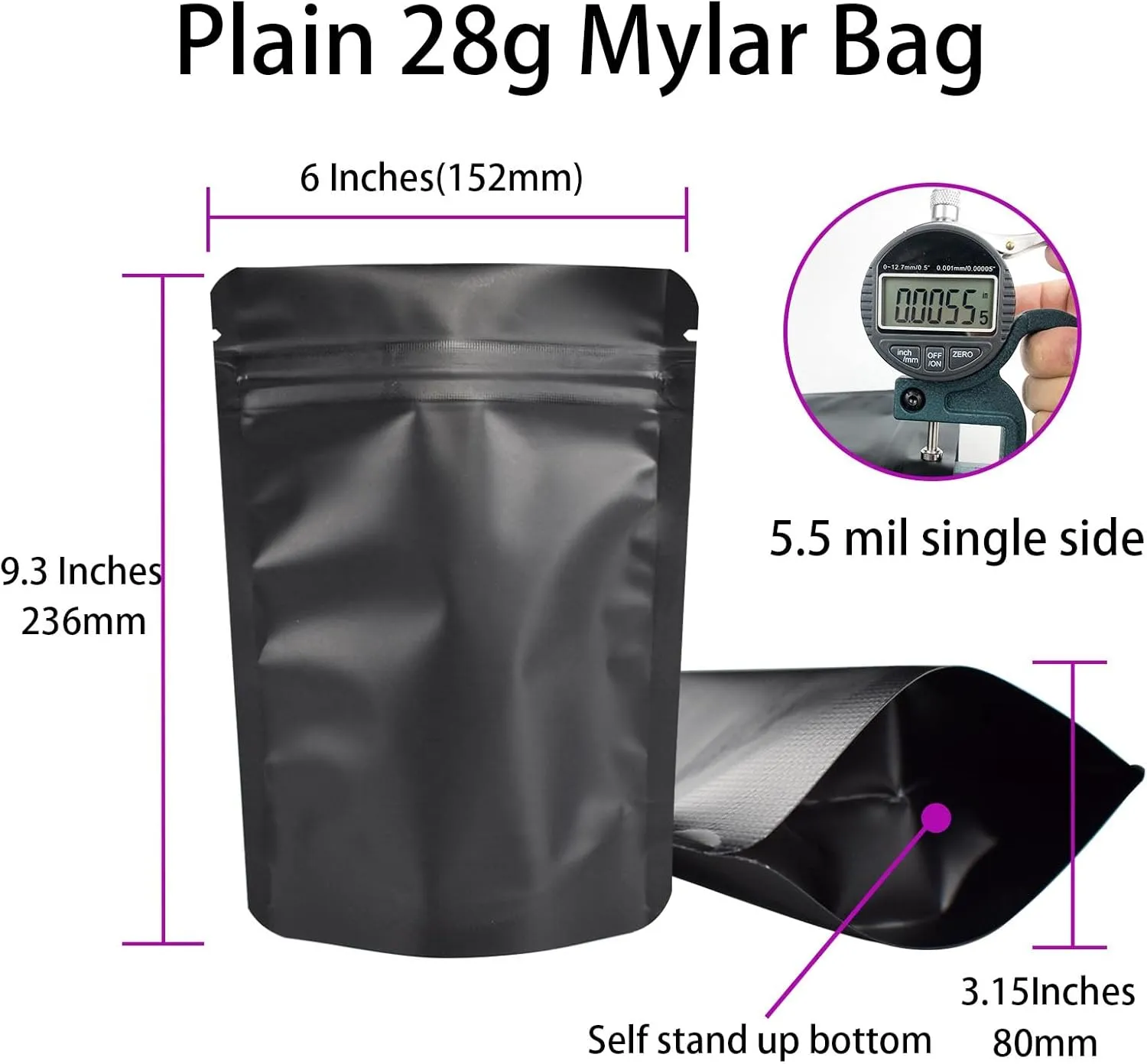 100 Pack Mylar Bag 28 Gram,5.5 Mil Thickness Smell Proof Bag,Stand-up Packaging Pouch,Resealable Ziplock Foil Food Storage Baggies Safe Material,6x9.3 Inches,Matte Black