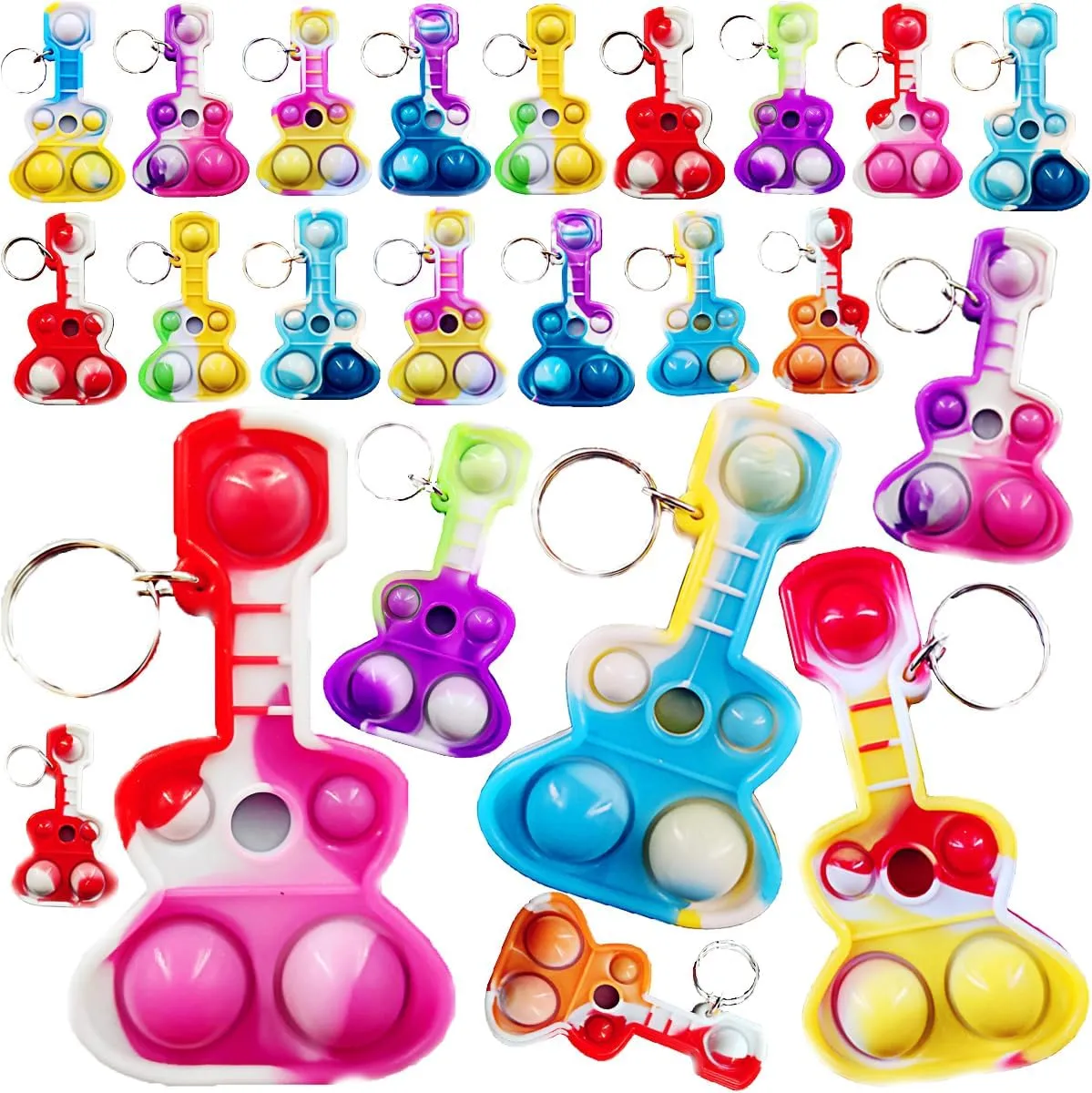 100 Packs Bulk Guitars Mini pop Fidget Keychain Gifts for Boys and Girls Kids，Birthday Party Favors Supplies and Classroom Students Prize