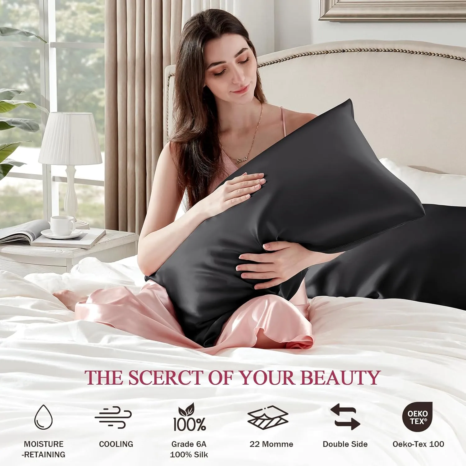 100% Silk Pillow Cases King Size Mulberry Silk Pillowcase for Hair and Skin 22 Momme Highest Grade 6A Silk with Hidden Zipper 20 x 36 Inches 1PC, Black