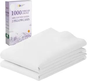 1000 Thread Count, Soft & Smooth, 100% Cotton Sateen Weave, Hotel-Quality, Set of 2 Classic Style Bright White Pillow Cases Standard Size Fits Std & Queen Size Pillows