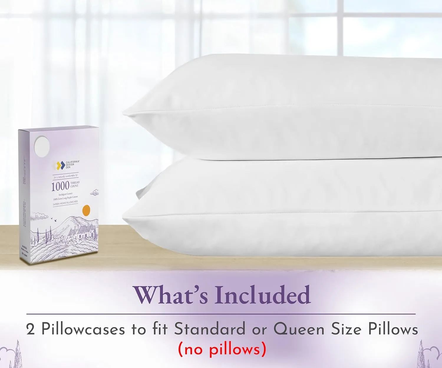 1000 Thread Count, Soft & Smooth, 100% Cotton Sateen Weave, Hotel-Quality, Set of 2 Classic Style Bright White Pillow Cases Standard Size Fits Std & Queen Size Pillows