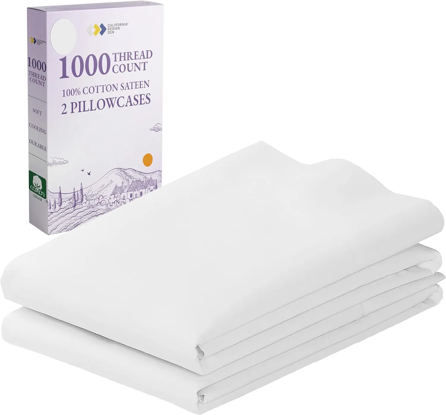 1000 Thread Count, Soft & Smooth, 100% Cotton Sateen Weave, Hotel-Quality, Set of 2 Classic Style Bright White Pillow Cases Standard Size Fits Std & Queen Size Pillows