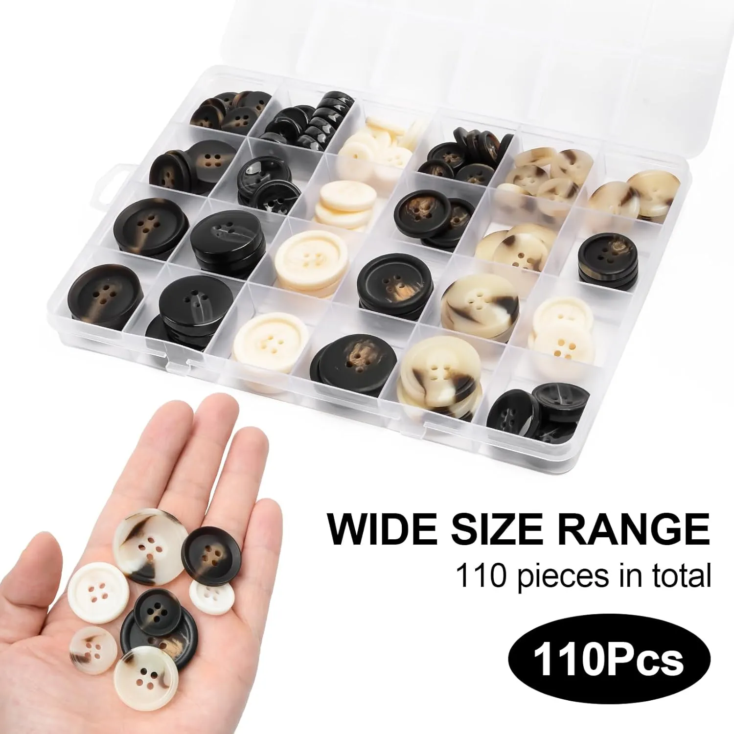 110Pcs Mixed Sewing Buttons, 4-Hole Craft Round Blazer Buttons, 5 Color 3 Size (15mm, 20mm, 25mm) Suit Coats Resin Button, Suitable for Variety Clothing Sewing, DIY Craft (Black & White)