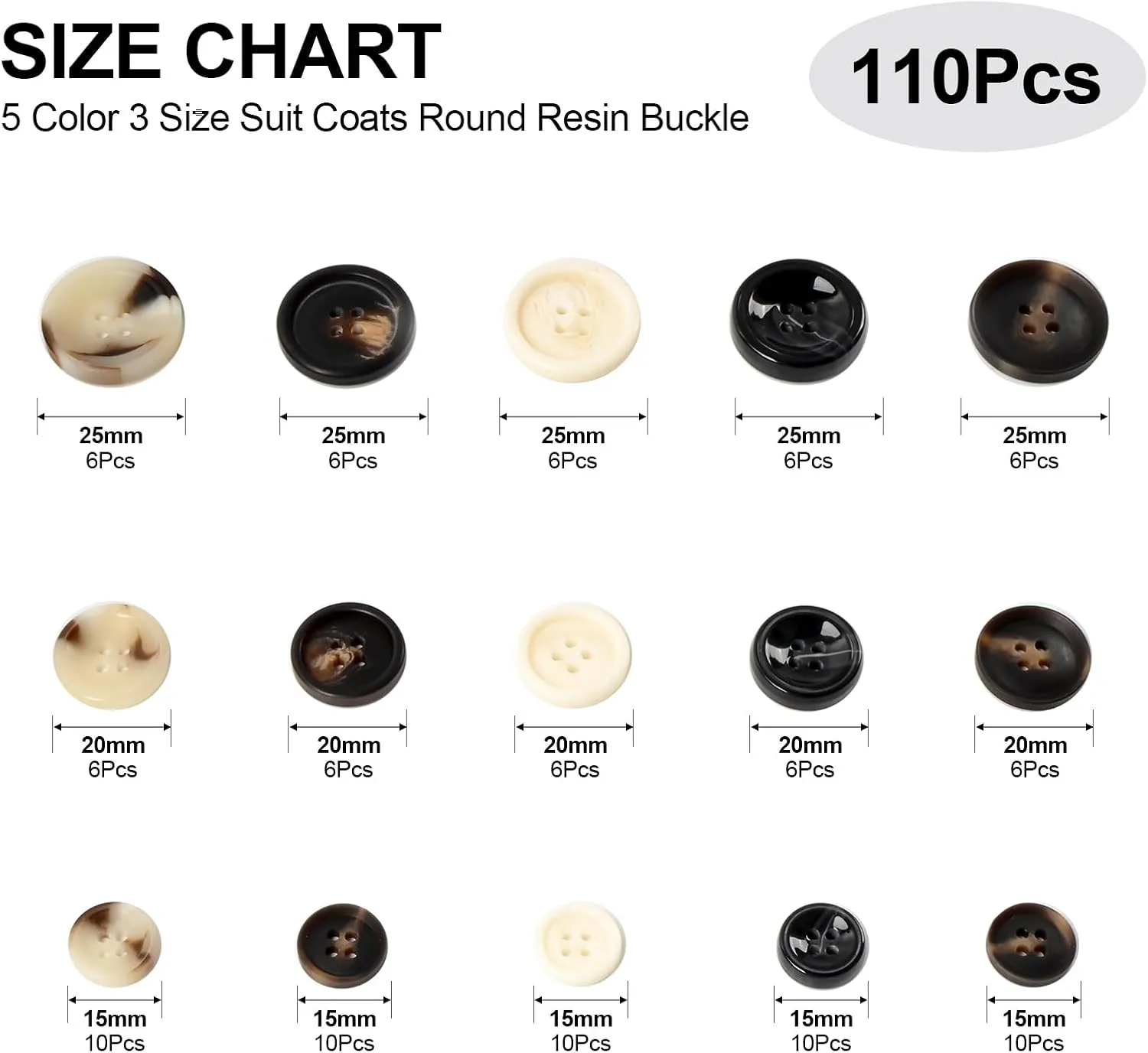 110Pcs Mixed Sewing Buttons, 4-Hole Craft Round Blazer Buttons, 5 Color 3 Size (15mm, 20mm, 25mm) Suit Coats Resin Button, Suitable for Variety Clothing Sewing, DIY Craft (Black & White)