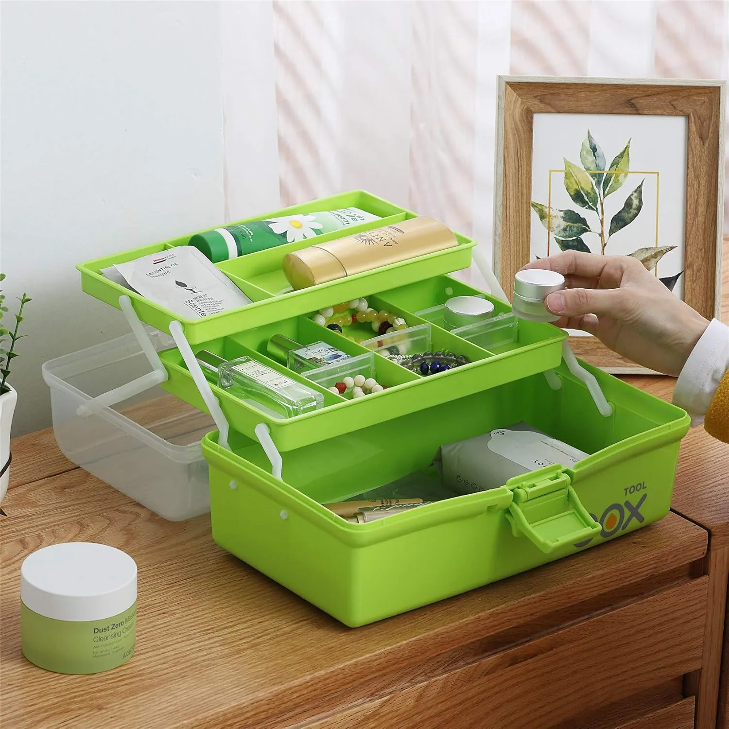 12'' Three-Layer Clear Plastic Storage Box/Tool Box, Multipurpose Organizer and Portable Handled Storage Case for Art Craft and Cosmetic (Green)