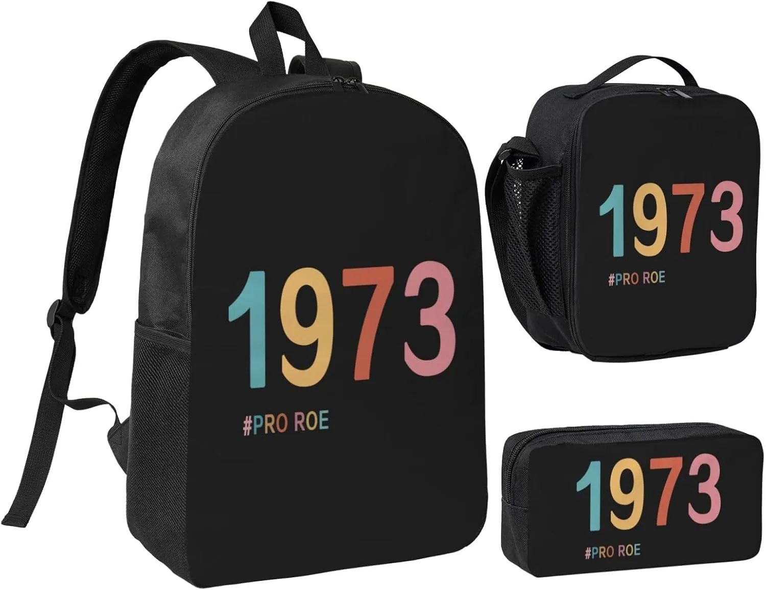 1973 Pro Roe Pro Choice Feminist Women's Abortion Rights Backpack Set Lightweight Laptop Backpack Lunch Bag with Pencil Case for Women Men Travel Work