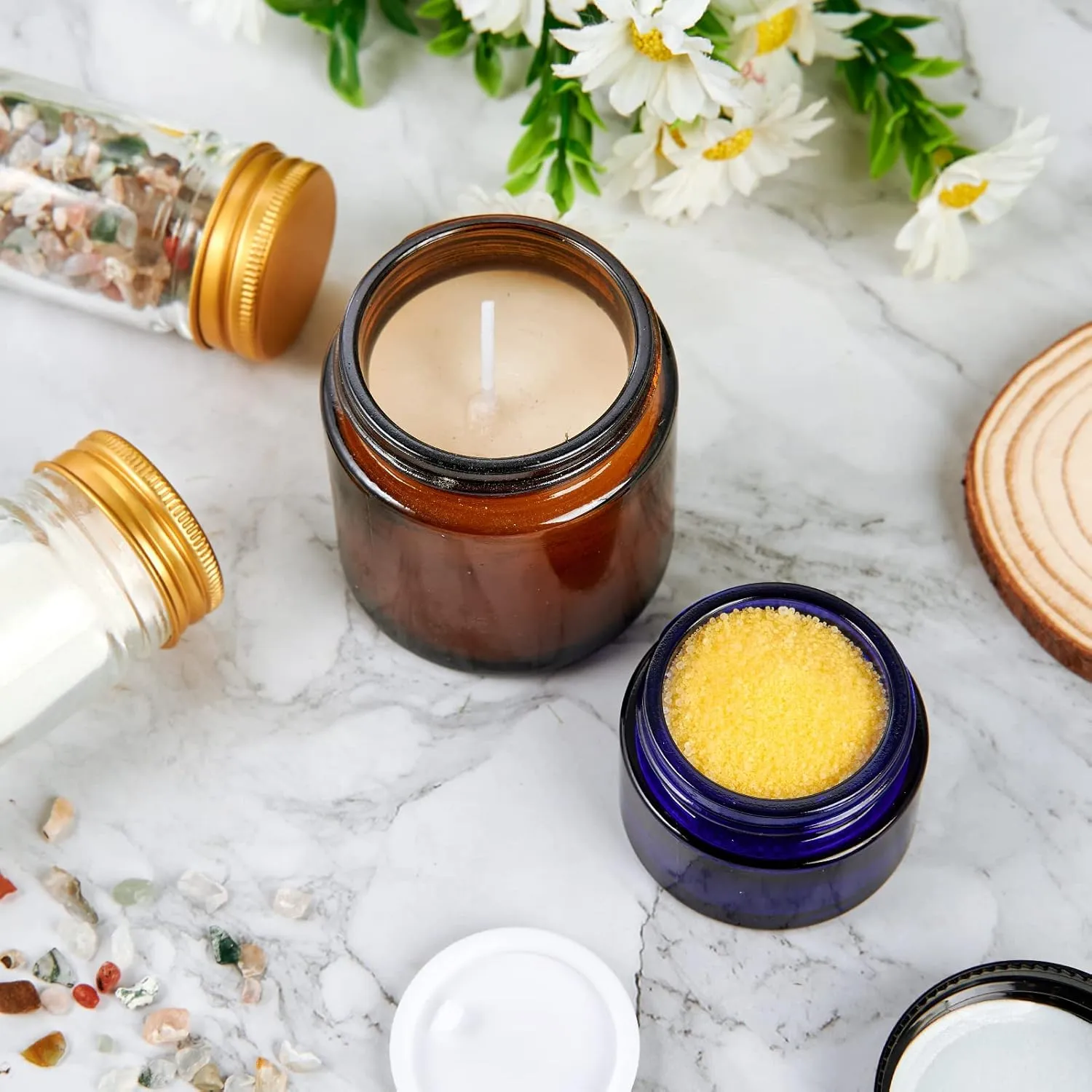 1oz Glass Jar with Lid, Hoa Kinh 25Pack Blue Round Containers Cosmetic Glass Jars with Inner Liners and Black Lids Travel Jars for Storing Lip and Body Scrub, Lotion, Body Butter, Bath Salts, Liquid