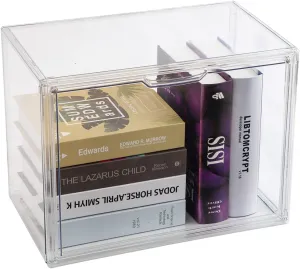 1PACK Clear Book Storage Organizer for Bookshelf, Plastic Stackable Book Display Case with Magnetic Door, Acrylic Showcase for Toys Handbags, Shoes, Purses