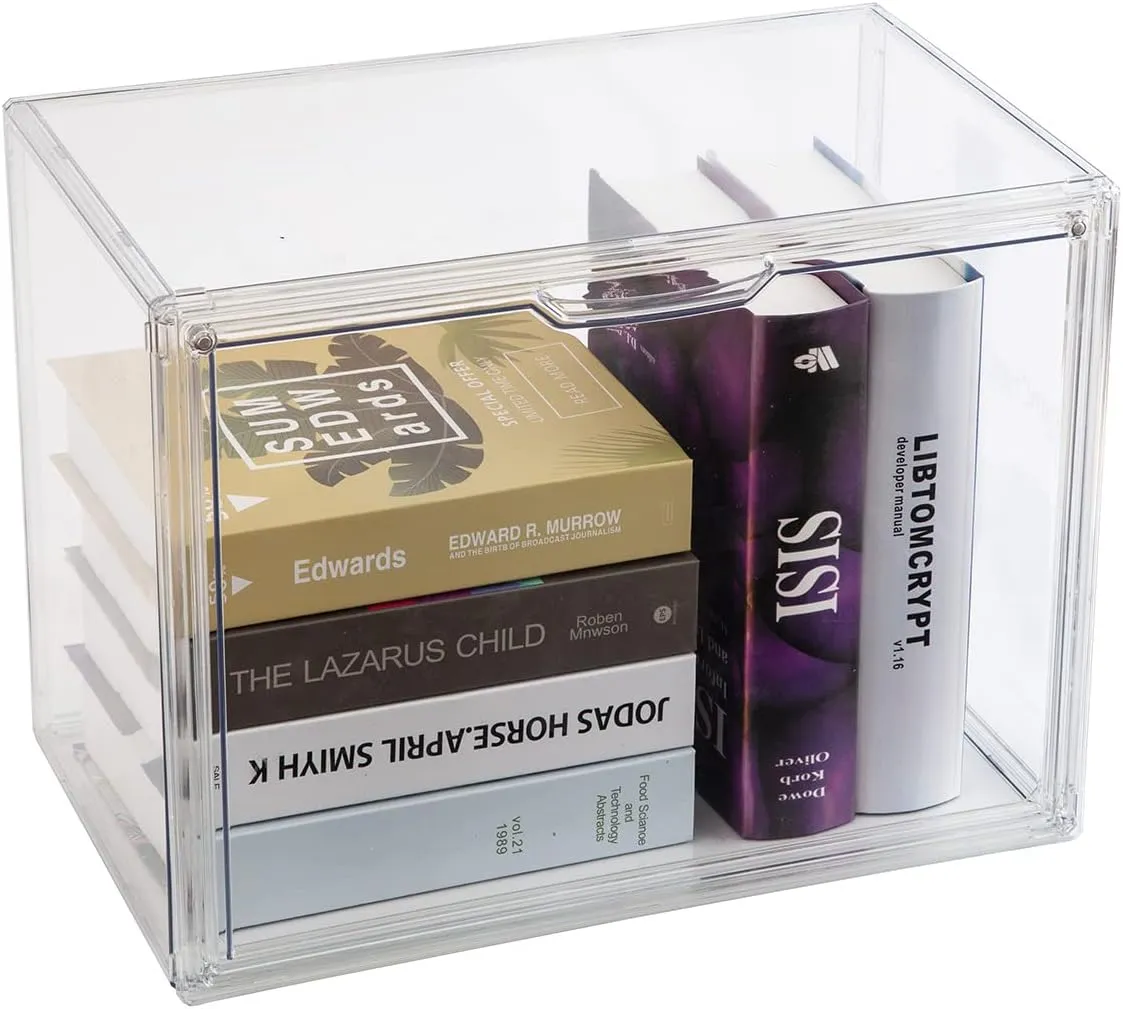 1PACK Clear Book Storage Organizer for Bookshelf, Plastic Stackable Book Display Case with Magnetic Door, Acrylic Showcase for Toys Handbags, Shoes, Purses