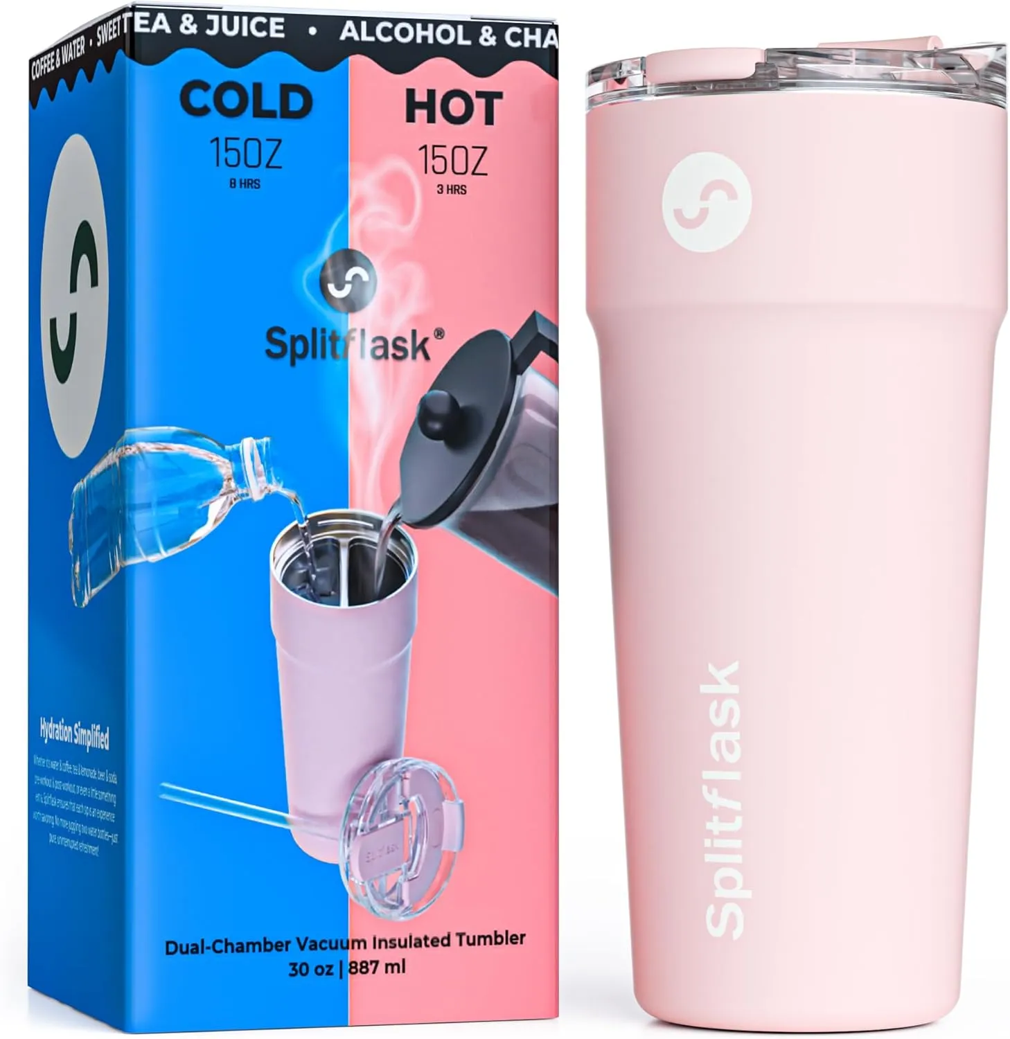 2-in-1 Hot & Cold Vacuum Insulated Tumblers, 30oz Stainless Steel Dual Chamber, Leak-Proof, BPA-Free, Fits Cup Holder, Travel Coffee Mug, Split Cup, 2 Drink, 2 Sides, Coffee & Water (Elle Pink)