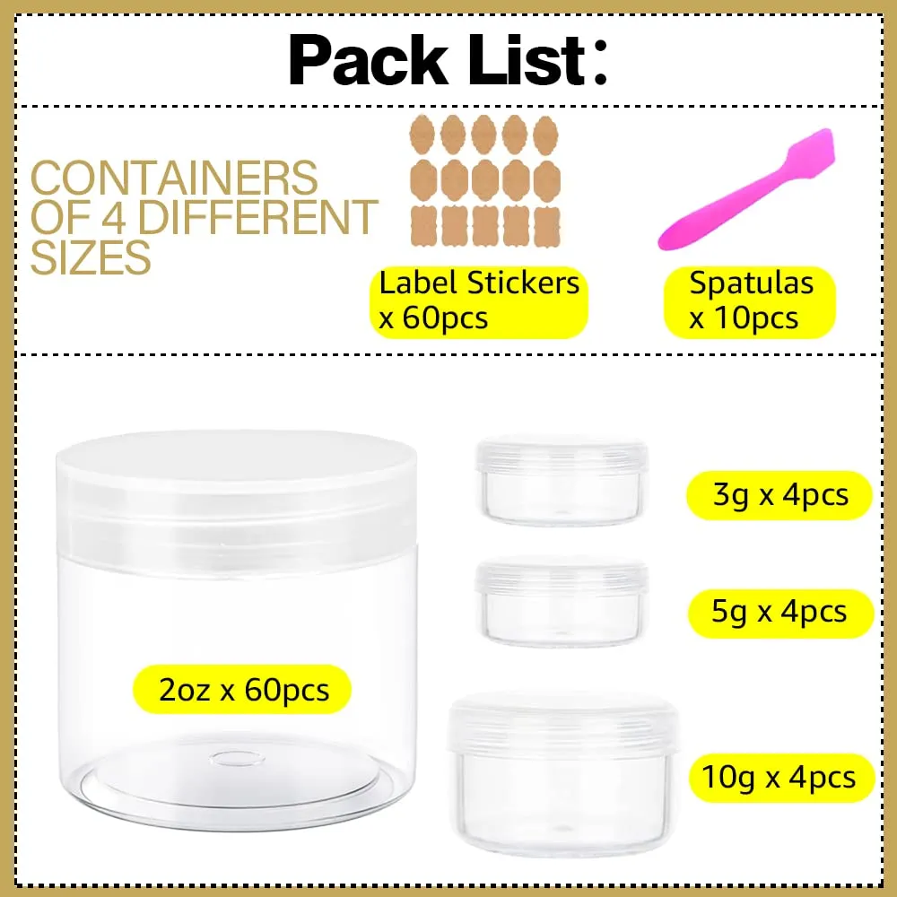 2 oz Plastic Containers with Lids 60pcs Plastic Jars with Clear Lids   3/5/10 Gram 12pcs Sample Containers Travel Jar– Great for Lip Scrub, Body Butters, Cream, Lotion, Labels & Spatulas (72 Pack)