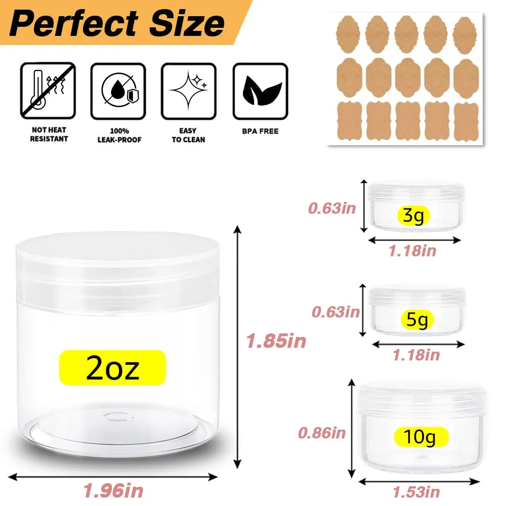 2 oz Plastic Containers with Lids 60pcs Plastic Jars with Clear Lids   3/5/10 Gram 12pcs Sample Containers Travel Jar– Great for Lip Scrub, Body Butters, Cream, Lotion, Labels & Spatulas (72 Pack)