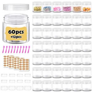 2 oz Plastic Containers with Lids 60pcs Plastic Jars with Clear Lids   3/5/10 Gram 12pcs Sample Containers Travel Jar– Great for Lip Scrub, Body Butters, Cream, Lotion, Labels & Spatulas (72 Pack)