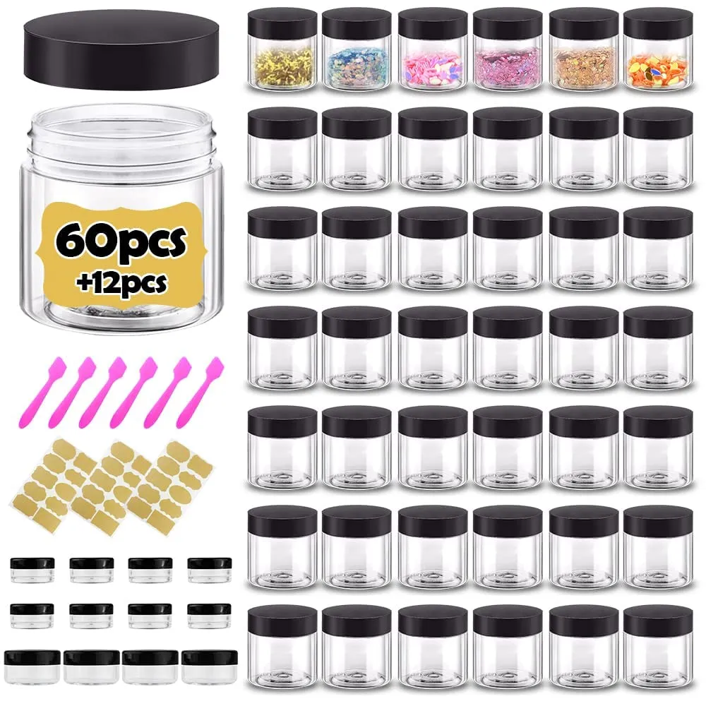 2 oz Plastic Containers with Lids 60pcs Plastic Jars with Lids   3/5/10 Gram 12pcs Sample Containers Travel Jar– Great for Lip Scrub,Body Butters,Cream,Lotion Labels & Spatulas (72 Pack)