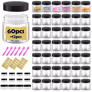 2 oz Plastic Containers with Lids 60pcs Plastic Jars with Lids   3/5/10 Gram 12pcs Sample Containers Travel Jar– Great for Lip Scrub,Body Butters,Cream,Lotion Labels & Spatulas (72 Pack)