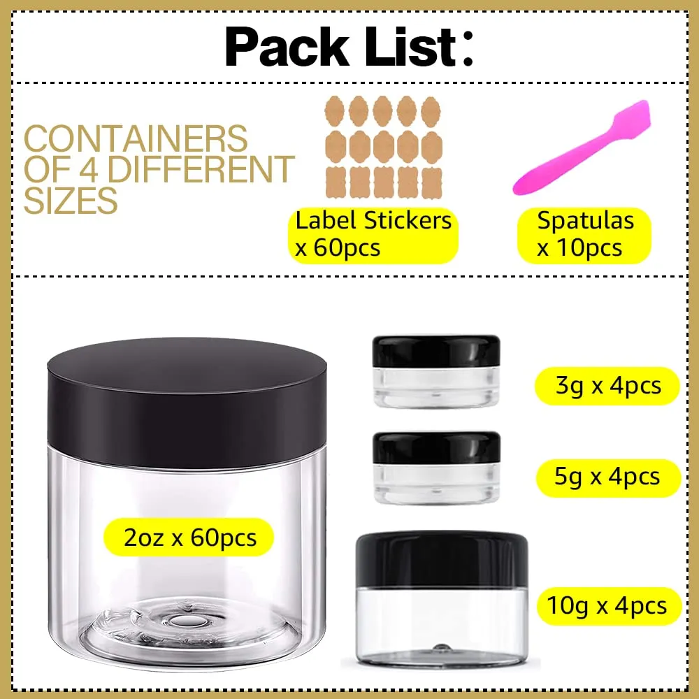 2 oz Plastic Containers with Lids 60pcs Plastic Jars with Lids   3/5/10 Gram 12pcs Sample Containers Travel Jar– Great for Lip Scrub,Body Butters,Cream,Lotion Labels & Spatulas (72 Pack)