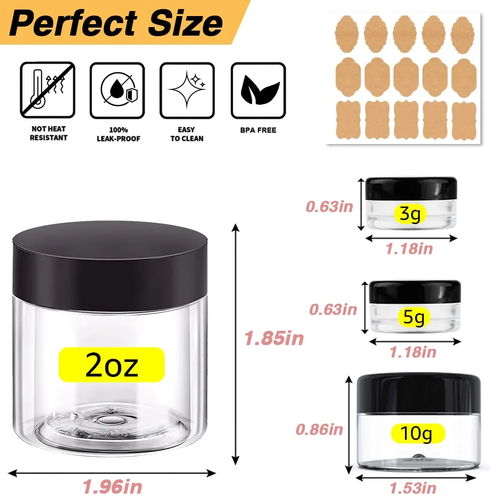 2 oz Plastic Containers with Lids 60pcs Plastic Jars with Lids   3/5/10 Gram 12pcs Sample Containers Travel Jar– Great for Lip Scrub,Body Butters,Cream,Lotion Labels & Spatulas (72 Pack)
