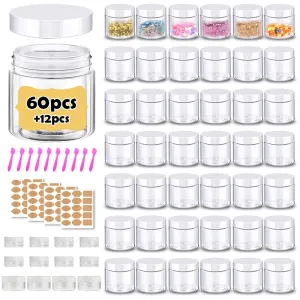 2 oz Plastic Containers with Lids 60pcs Plastic Jars with White Lids   3/5/10 Gram 12pcs Sample Containers Travel Jar– Great for Lip Scrub, Body Butters, Cream, Lotion (72 Pack)