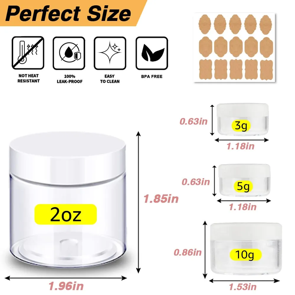 2 oz Plastic Containers with Lids 60pcs Plastic Jars with White Lids   3/5/10 Gram 12pcs Sample Containers Travel Jar– Great for Lip Scrub, Body Butters, Cream, Lotion (72 Pack)