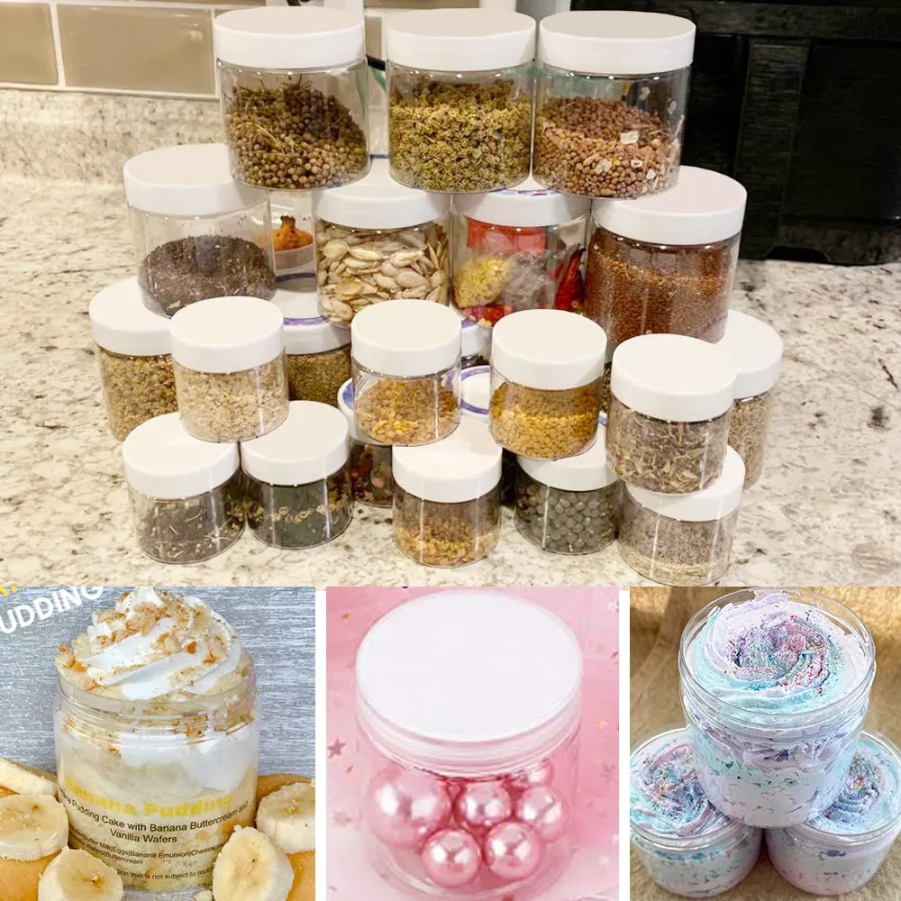 2 oz Plastic Containers with Lids 60pcs Plastic Jars with White Lids   3/5/10 Gram 12pcs Sample Containers Travel Jar– Great for Lip Scrub, Body Butters, Cream, Lotion (72 Pack)
