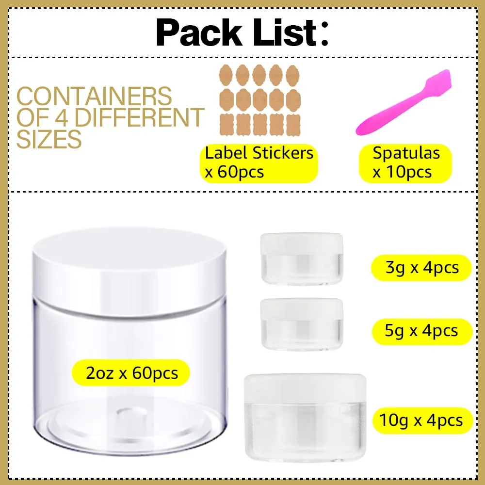 2 oz Plastic Containers with Lids 60pcs Plastic Jars with White Lids   3/5/10 Gram 12pcs Sample Containers Travel Jar– Great for Lip Scrub, Body Butters, Cream, Lotion (72 Pack)