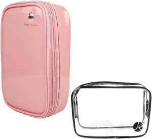 (2 PCS SET Bold Colored 2 Layers and Double Zipper Cosmetic Makeup Brush Travel Bag W/Clear PVC Zipper Bag