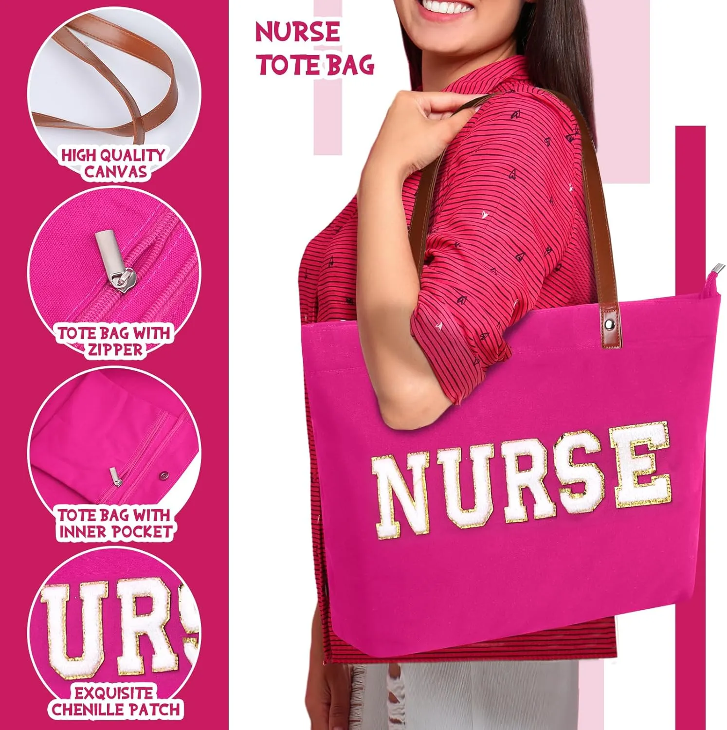 2 Pcs Tote Bag Gift for Teacher Nurse Dance Preppy Makeup Bag Cosmetic Women Chenille Letter School party