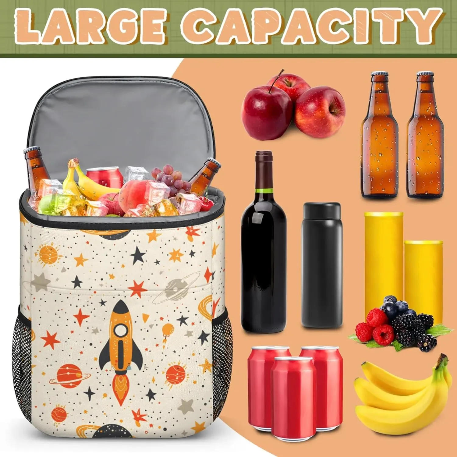 20-Hour Insulated Backpack Cooler Spaceship Cartoon Rocket Leakproof Cooler Bag Portable Cooler Backpack