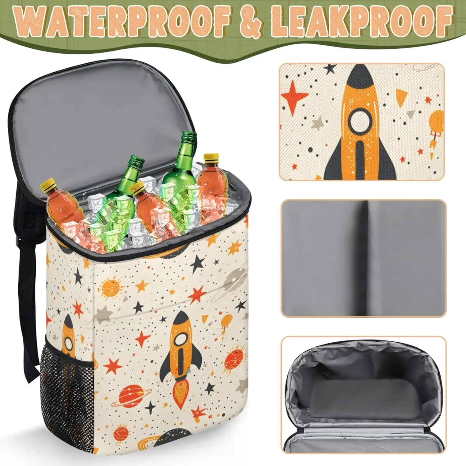 20-Hour Insulated Backpack Cooler Spaceship Cartoon Rocket Leakproof Cooler Bag Portable Cooler Backpack