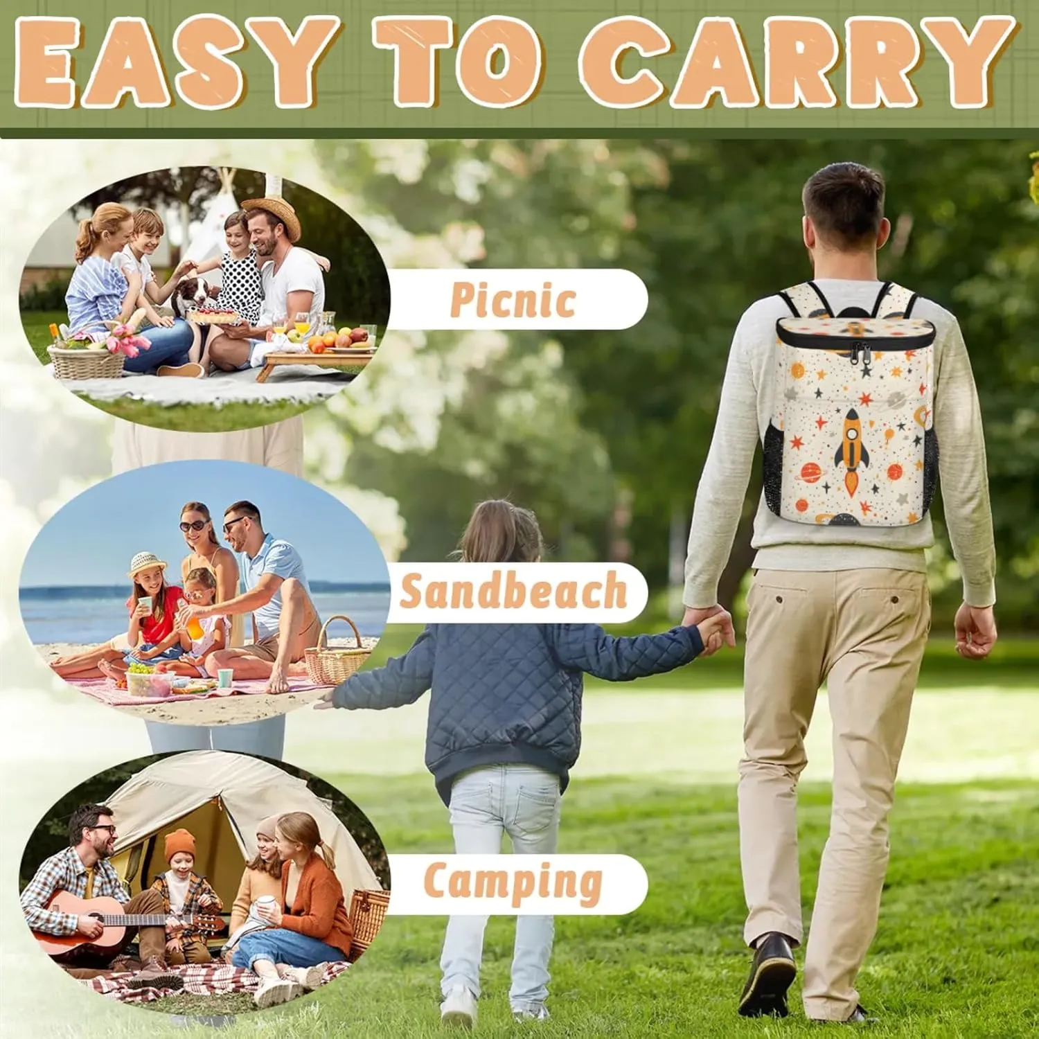 20-Hour Insulated Backpack Cooler Spaceship Cartoon Rocket Leakproof Cooler Bag Portable Cooler Backpack