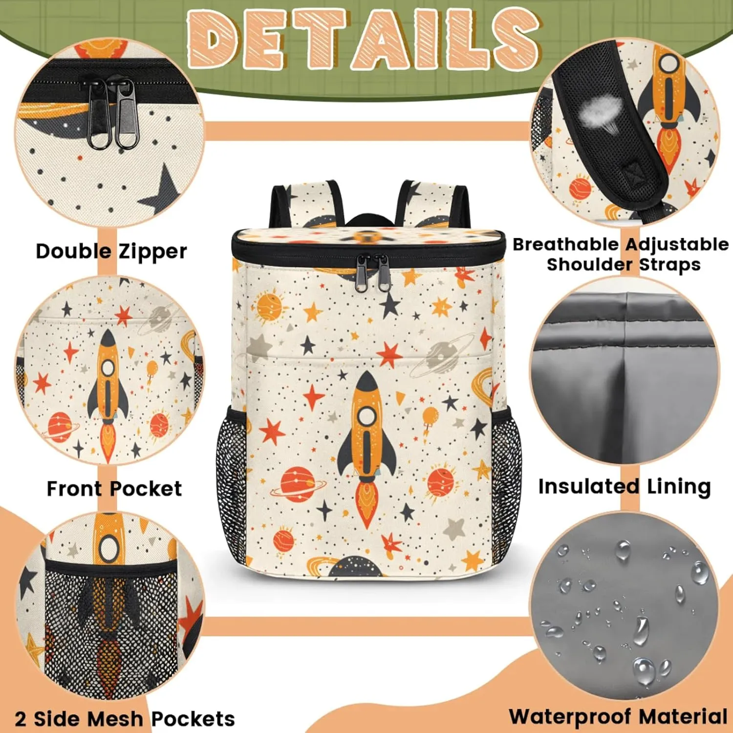 20-Hour Insulated Backpack Cooler Spaceship Cartoon Rocket Leakproof Cooler Bag Portable Cooler Backpack