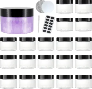20 Pack 4 OZ Clear Plastic Slime Jars With Lids, A Spatula, A Pen &Labels - Refillable Low Profile Containers/Storage Favor Jars/Travel Jars For Cosmetic, Body Lotions, Sugar Scrubs by ZMYBCPACK