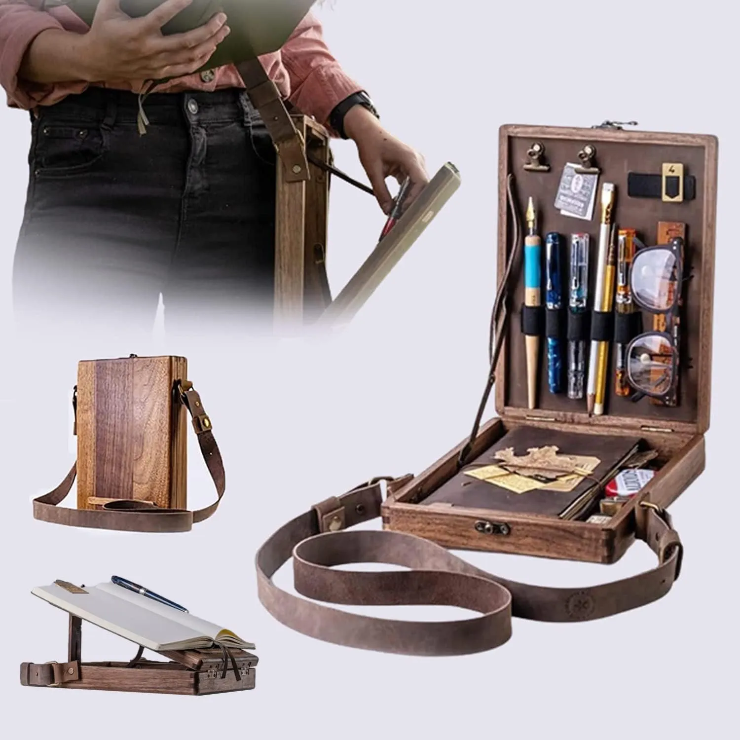 2022 Writers messenger wood box multifunctional artist tool and brush storage walnut wooden bag, storage box shoulder bag with hinged lid and latch for sketchers and writers (A: brown)