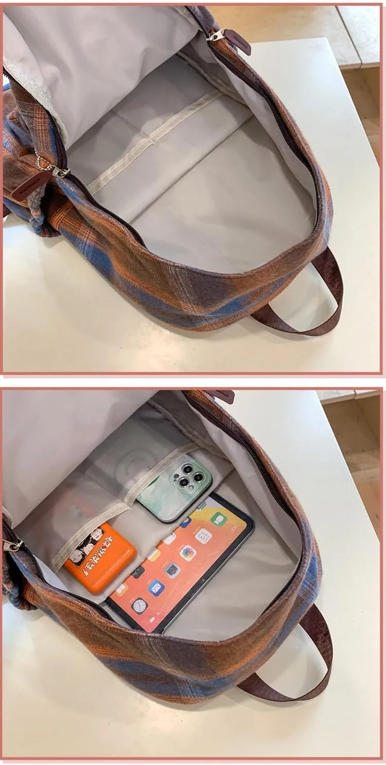 2025 Plaid Preppy Backpack for Women Y2k Aesthetic Shoulder Bag Vintage Daypack with Pendant Checkered Laptop Bag (Black)