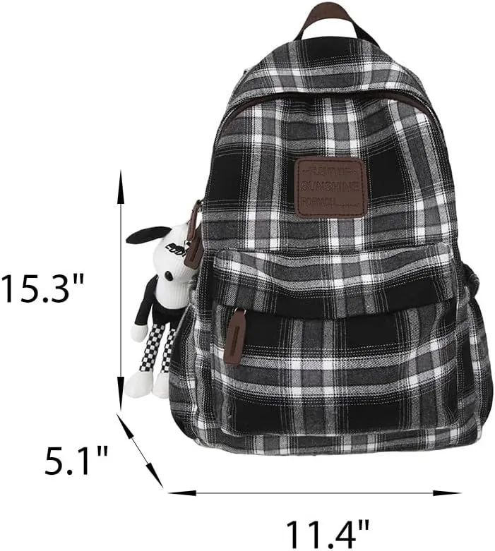 2025 Plaid Preppy Backpack for Women Y2k Aesthetic Shoulder Bag Vintage Daypack with Pendant Checkered Laptop Bag (Red)