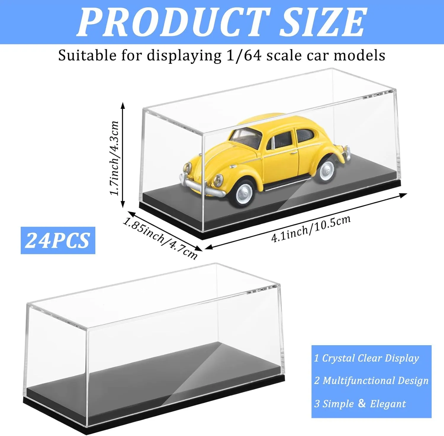 24 PCS Clear Model Cars Display Case,Toy Car Display Organizer Storage Case Fit for 1/64 Car Model,Clear Acrylic Display Box with Black Base for Hot Wheels Car(4.17 x 1.81 x 1.81 in)