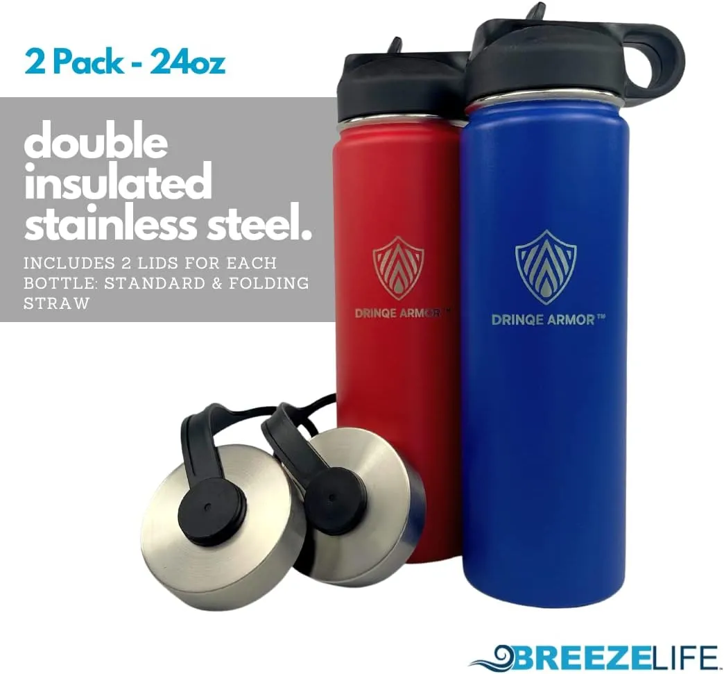 24oz Stainless Steel Insulated Metal Water Bottle with Lid and Straw Cap, Portable BPA-Free Travel Thermal Flask, Keeps Liquids Hot for 12 Hours, Cold for 24 Hours, 2-Pack, Blue and Red