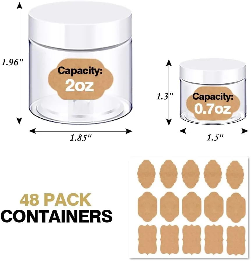 2oz Plastic Jars Round Cosmetic Containers with White Lids | 20g Clear Small Sample Containers (Set of 48) for Cream, Body Butter, Eye Shadow, Rhinestone, Lip Scrub, Travel - Labels & Spatulas