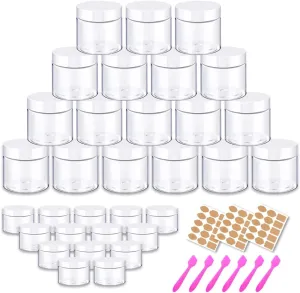2oz Plastic Jars Round Cosmetic Containers with White Lids | 20g Clear Small Sample Containers (Set of 48) for Cream, Body Butter, Eye Shadow, Rhinestone, Lip Scrub, Travel - Labels & Spatulas