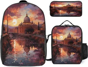 3 in 1 Backpack Set Rome Sunset Print Casual Backpack Set Small Cosmetic Bag Travel Daypack Crossbody Lunch Bag Coin Purse Set