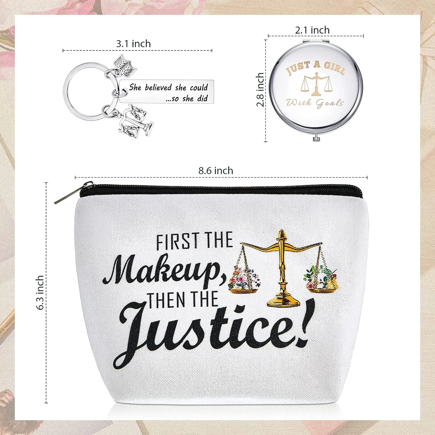 3 Law Graduation Gifts for Women Attorneys - Funny Lawyer Keychain, Cosmetic Bag, Makeup Mirror & More