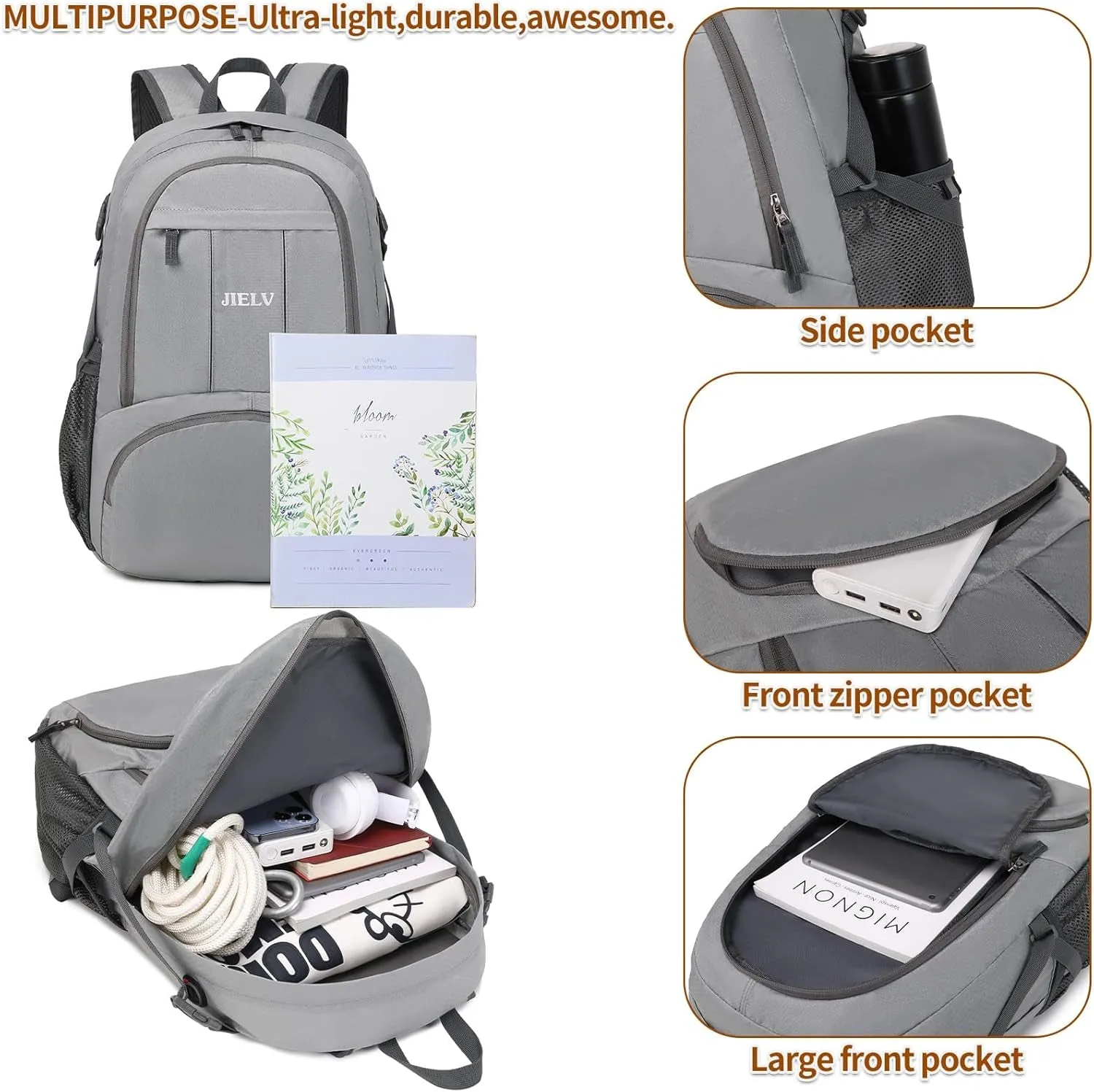30L Lightweight Packable Backpack Small Foldable Hiking Backpack Waterproof Daypack Travel Camping Outdoor for Women Men Valentines Day Gifts(Lgiht Grey)