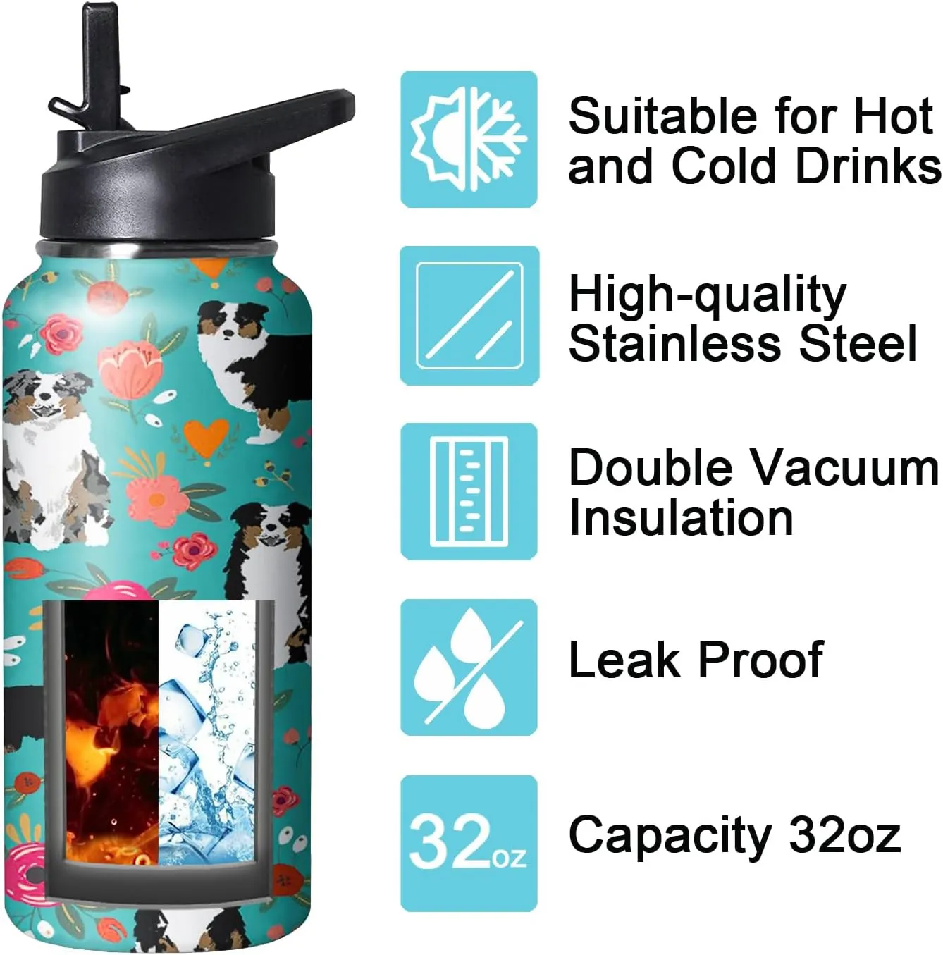 32 oz Australian Shepherd Water Bottle Cute Dog Tumbler Australian Shepherd Gifts Insulated Water bottle with Straws and Flip Lid Stainless Steel Dog Travel Cup