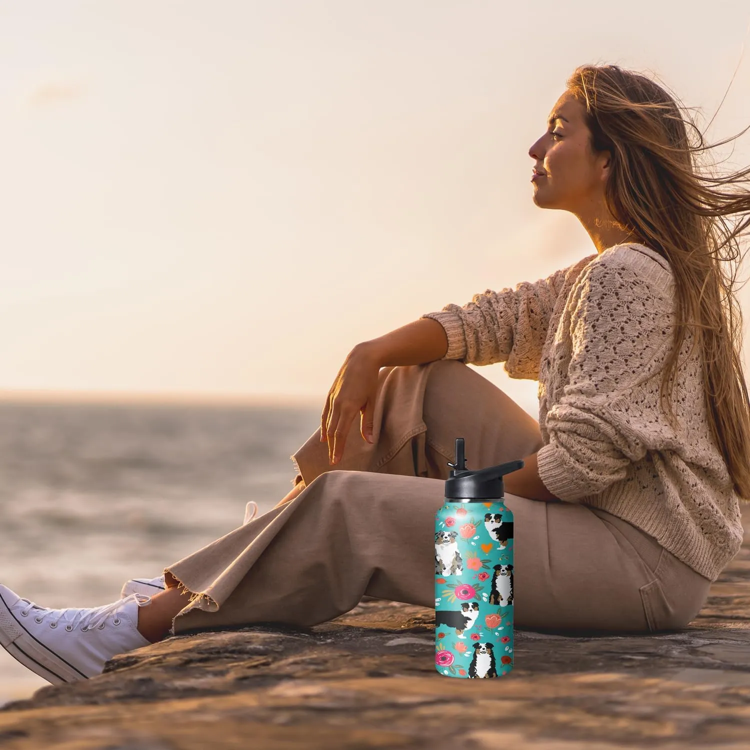 32 oz Australian Shepherd Water Bottle Cute Dog Tumbler Australian Shepherd Gifts Insulated Water bottle with Straws and Flip Lid Stainless Steel Dog Travel Cup