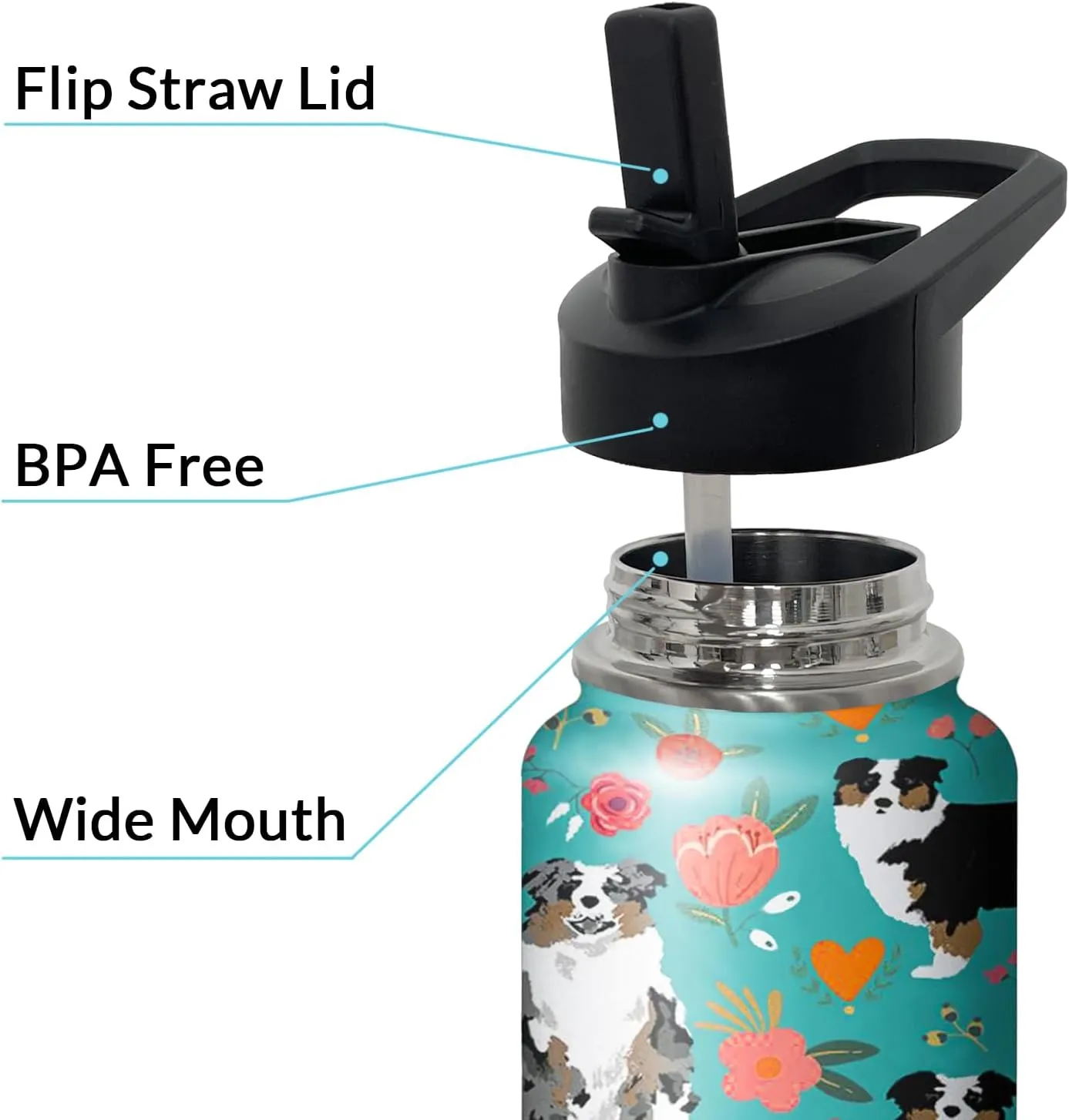 32 oz Australian Shepherd Water Bottle Cute Dog Tumbler Australian Shepherd Gifts Insulated Water bottle with Straws and Flip Lid Stainless Steel Dog Travel Cup