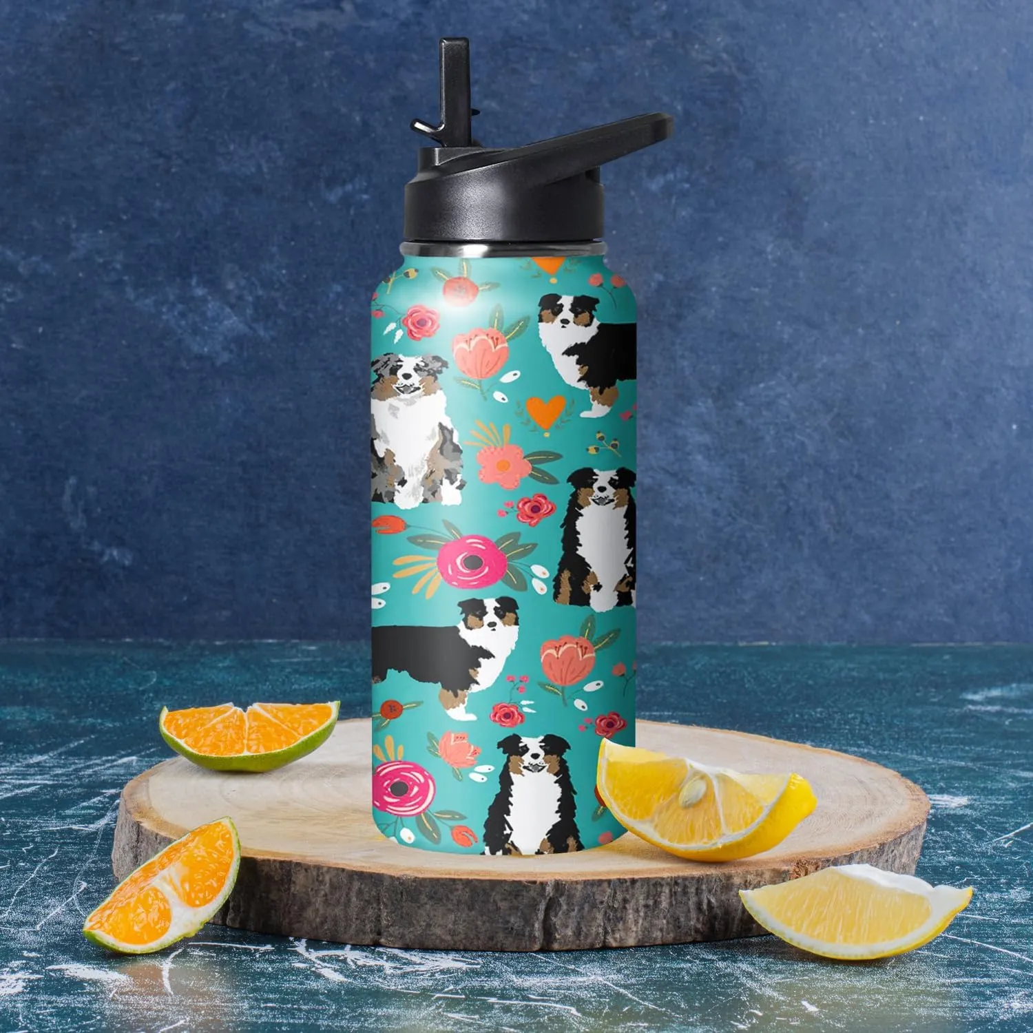 32 oz Australian Shepherd Water Bottle Cute Dog Tumbler Australian Shepherd Gifts Insulated Water bottle with Straws and Flip Lid Stainless Steel Dog Travel Cup