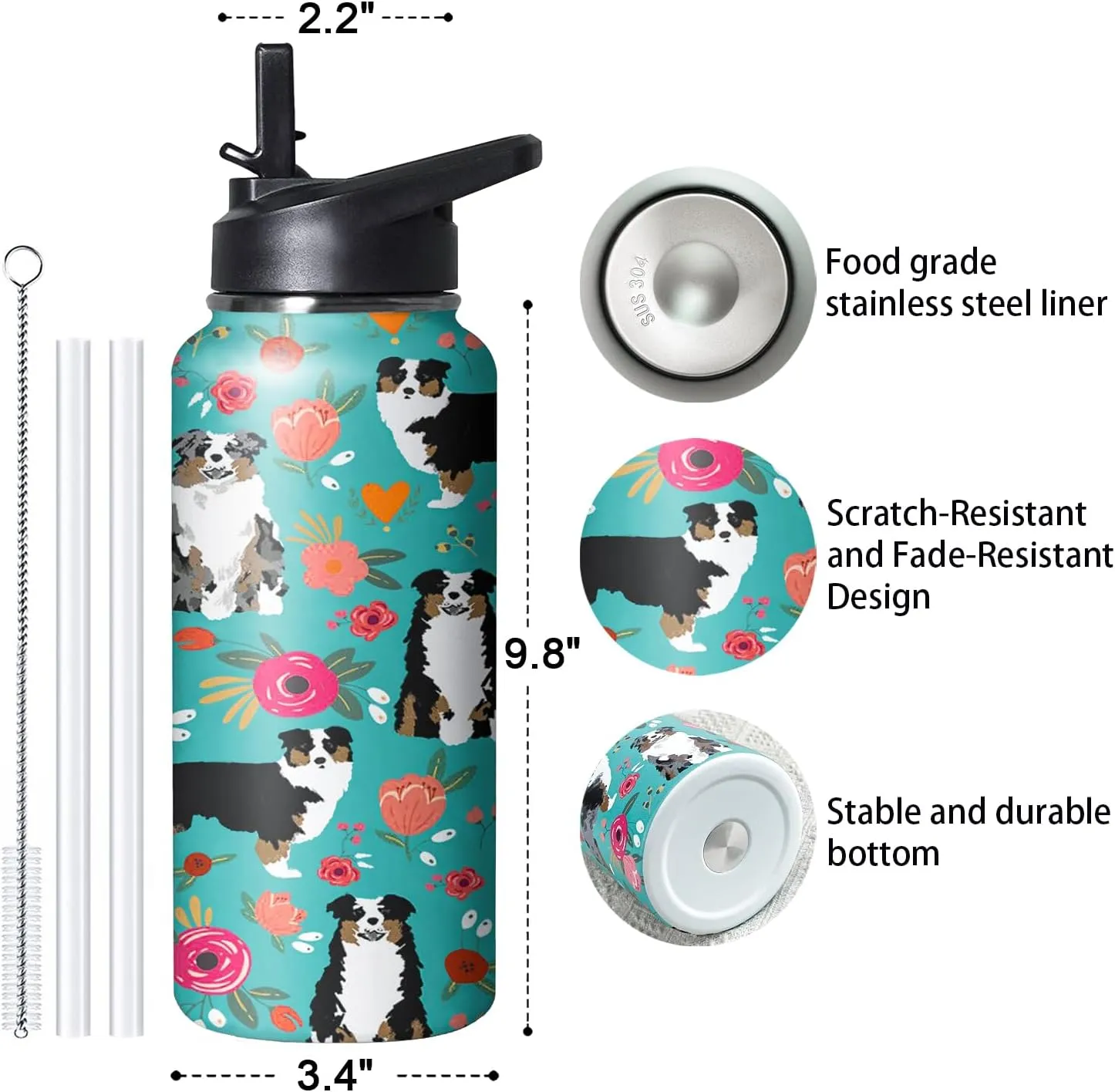 32 oz Australian Shepherd Water Bottle Cute Dog Tumbler Australian Shepherd Gifts Insulated Water bottle with Straws and Flip Lid Stainless Steel Dog Travel Cup