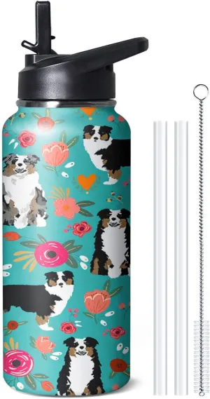 32 oz Australian Shepherd Water Bottle Cute Dog Tumbler Australian Shepherd Gifts Insulated Water bottle with Straws and Flip Lid Stainless Steel Dog Travel Cup