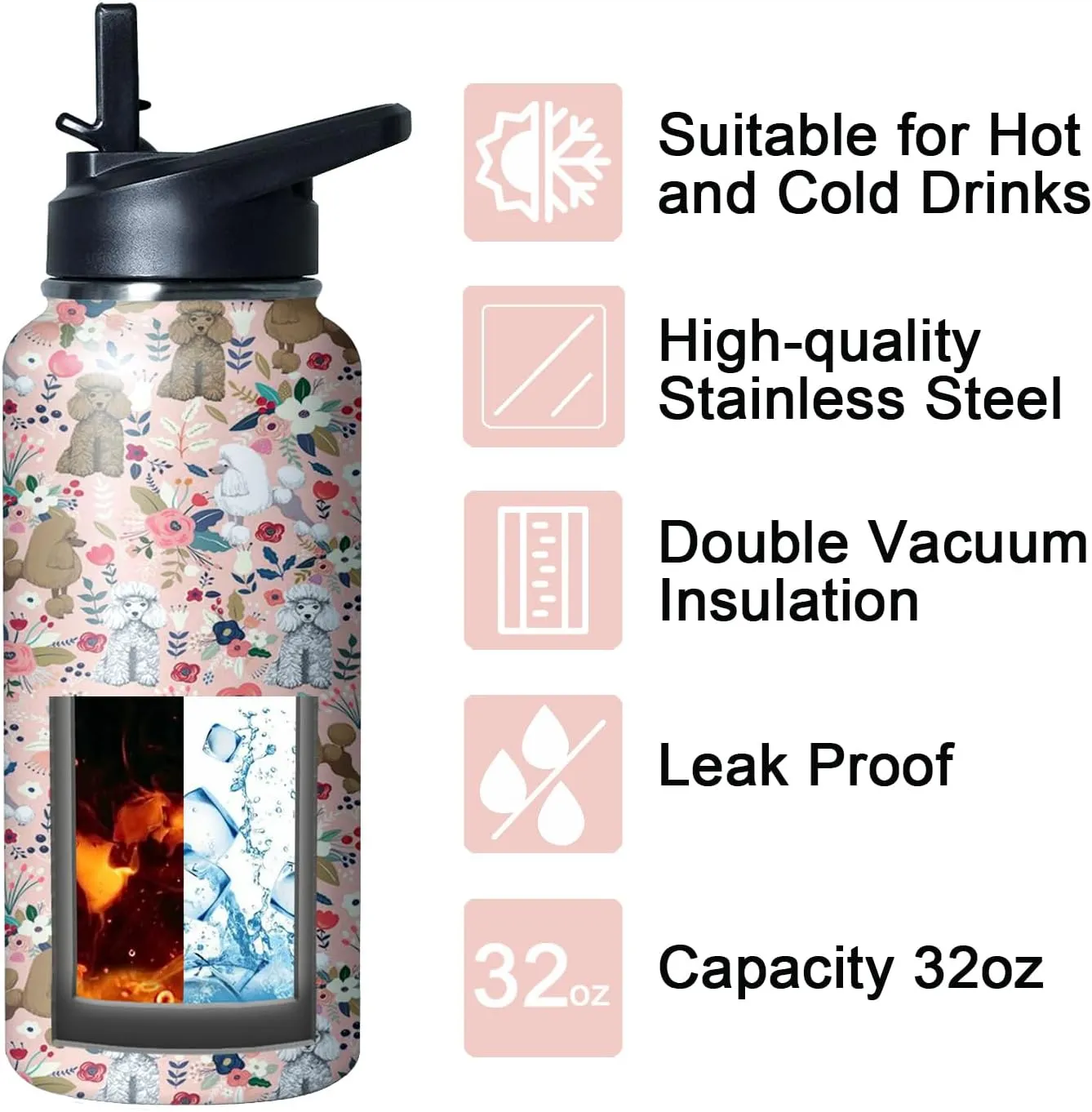 32 oz Poodle Water Bottle Cute Dog Tumbler Poodle Gifts Insulated Water Bottle with Straws and Flip Lid Stainless Steel Dog Travel Cup
